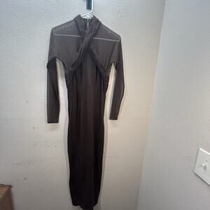 Vtg Tadashi Shoji Brown Long Mesh Sheer Sleeves Dress Formal Evening Gown SZ L